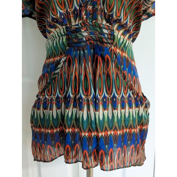 ARYN K Women’s 100% Silk Blouse Flutter Geometric Colorful Festival Aztec Sz S - Picture 4 of 11